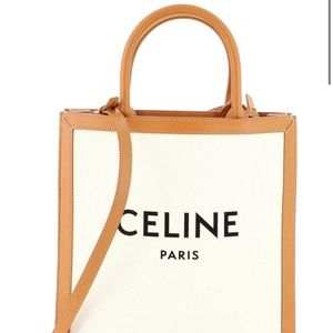 Authentic Celine Canvas Tote Small in Natural with Tan Trim Shoulder Handbag